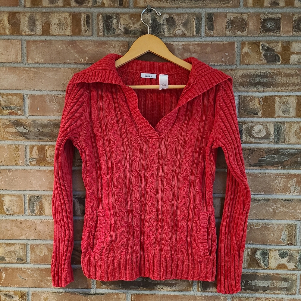 Liz & Co Retro Womens Red Long Sleeves Collared Cable Knit Pullover Sweater SZ M